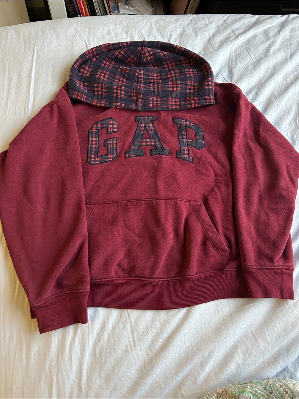 Burgundy Gap hoodie with Plaid Hood and Lettering